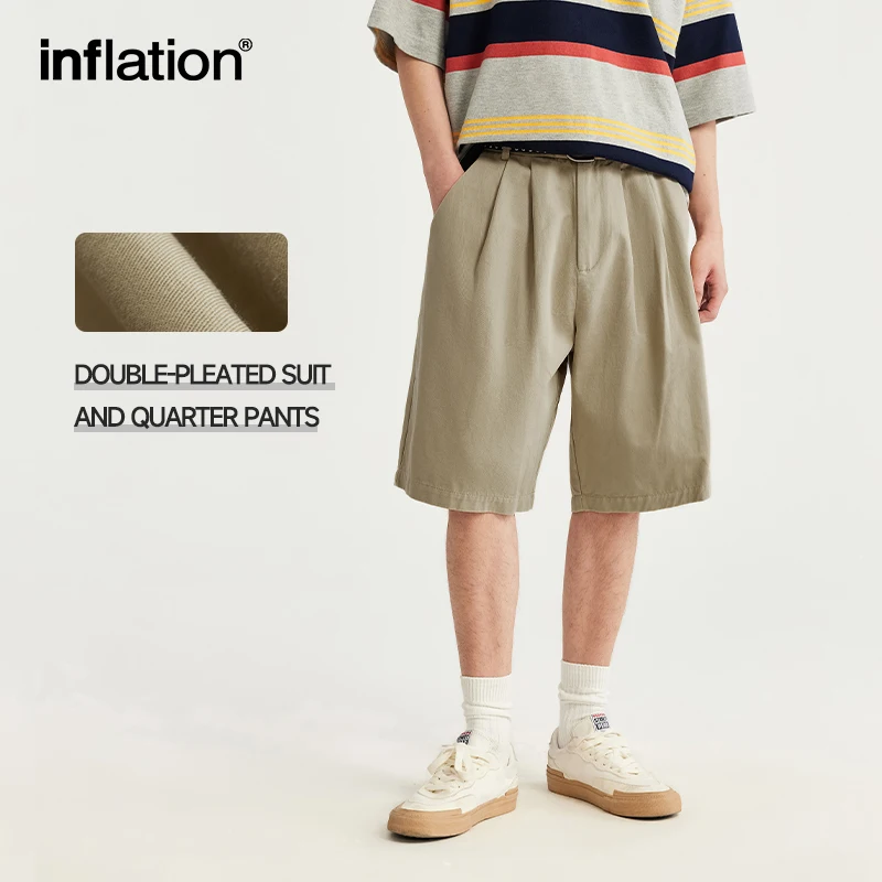 INFLATION Cropped Pleated Suit Shorts Mens Summer Trendy Casual Shorts