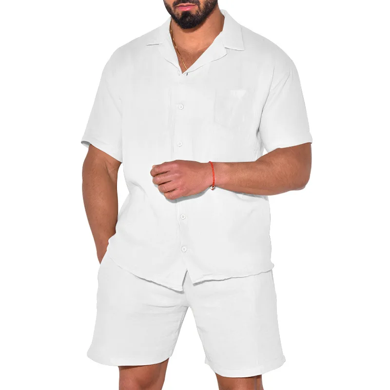 2024 Summer New Men\'s Suit Casual Sports Wide Short-Sleeved Shirt and Shorts Two-Piece Set Men\'s Shirt Suit Free Shipping