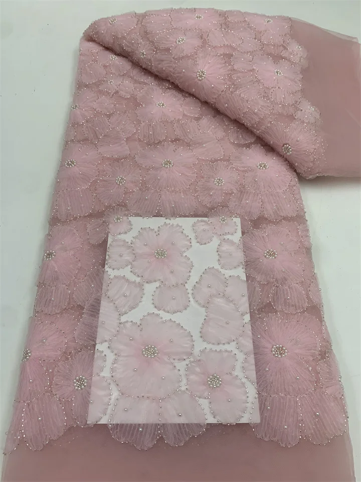 

2025 новейшее высококачественное розовое африканское нигерийское 3D кружево с аппликацией и жемчужной тканью, свадебная вышивка жениха, французские кружевные ткани