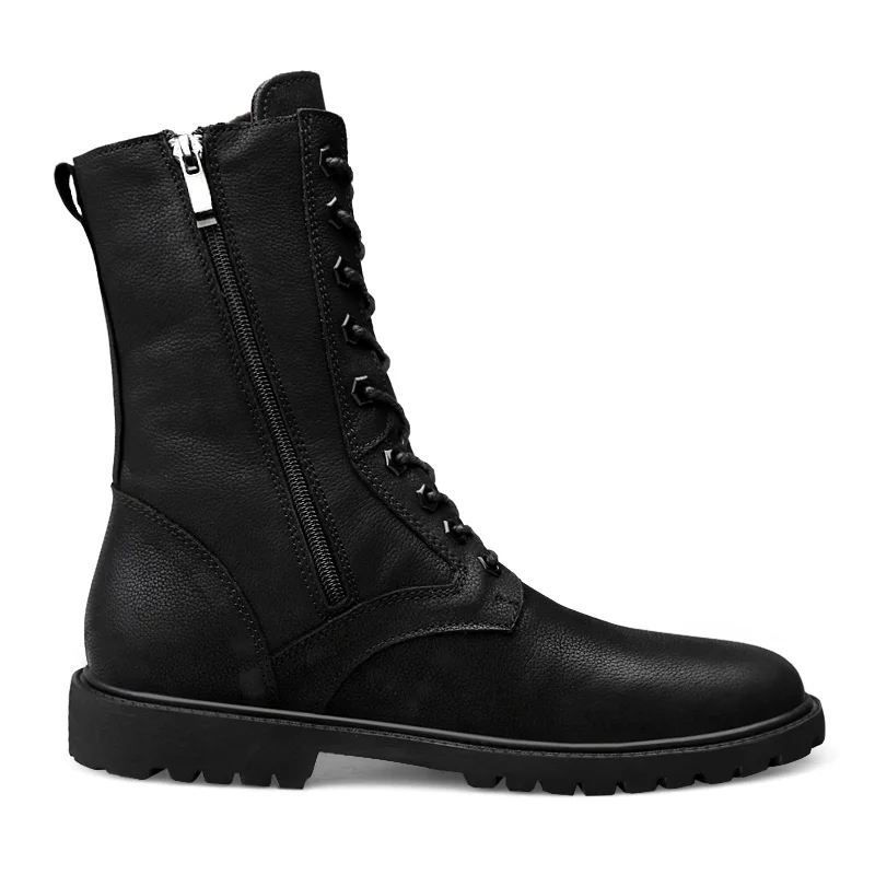 Winter Men High Leather Boots Combat Tactical Shoes Hunting Pure Black Plus Big Size 49 50 51 52