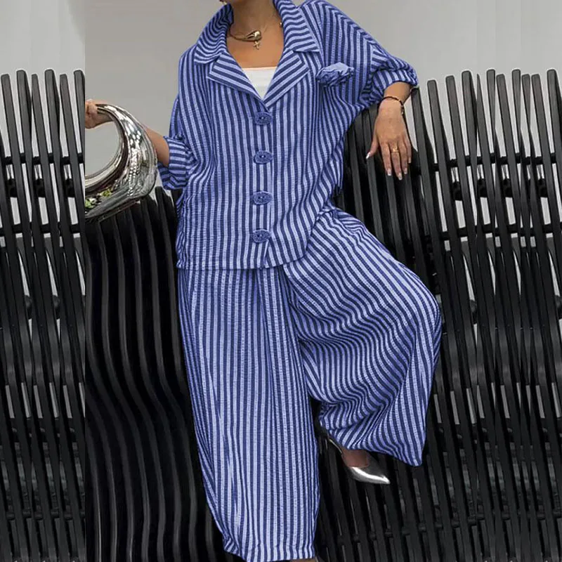 

OL Solid Commute Outfits Casual Loose Striped Long Sleeve Tops&Wide Leg Pants 2PC Sets Fashion Single Breasted Flip Collar Suits