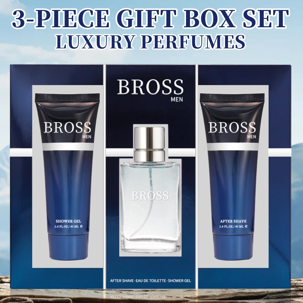 3-Piece Set Men's Eau De Toilette Spray & ShowerGel Gift Box 1.7.FL.OZ Perfume, 2.8.FL.OZ Shower Gel BROSS  Long Lasting