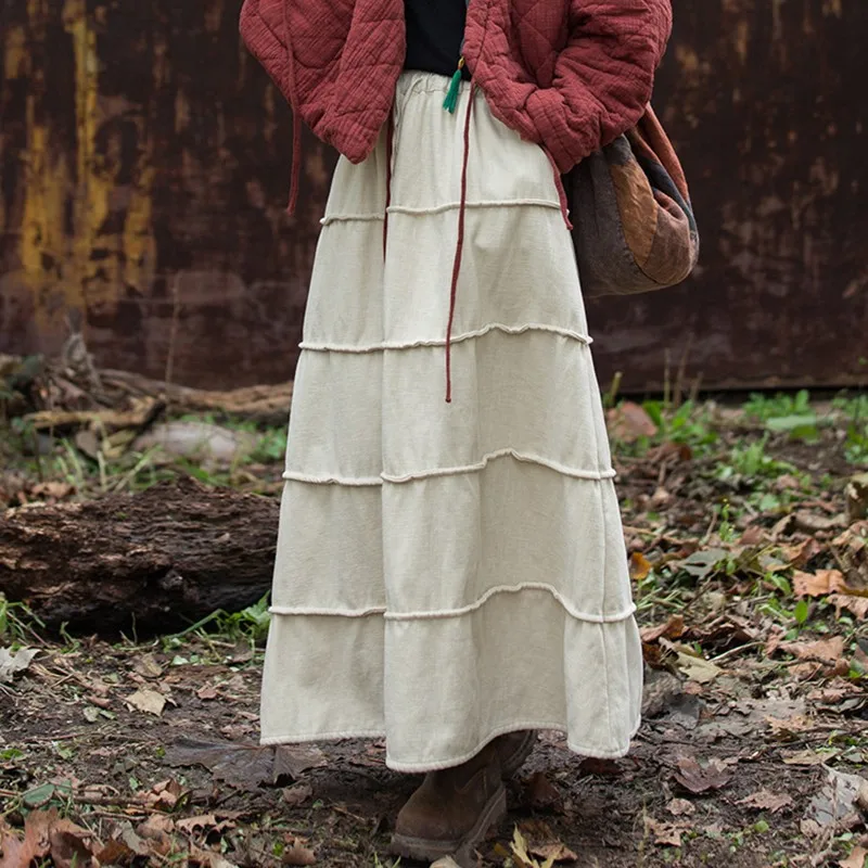 High Waist Cotton Linen Casual Skirt Women New 2024 Winter Vintage Style Solid Color Loose Female Thick Warm A-line Skirts M148