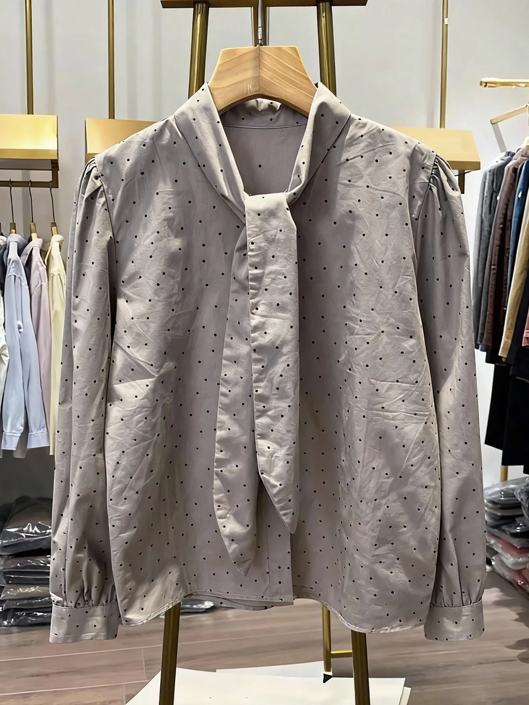 2026 Spring Korean Polka Dot Loose Women's irt Long Sve Bow Tie Vintage Versatile Faionable Top for Young Girls