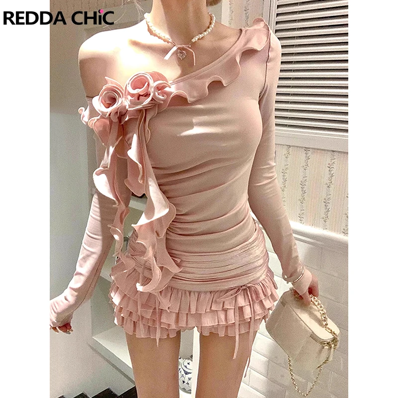 

REDDACHiC Ruffle Fringe Top Skirt Set Pink Slant Shoulder Long Sleeve T-shirt Bowtie Mini Cake Skirt Coquette Cute Women Clothes