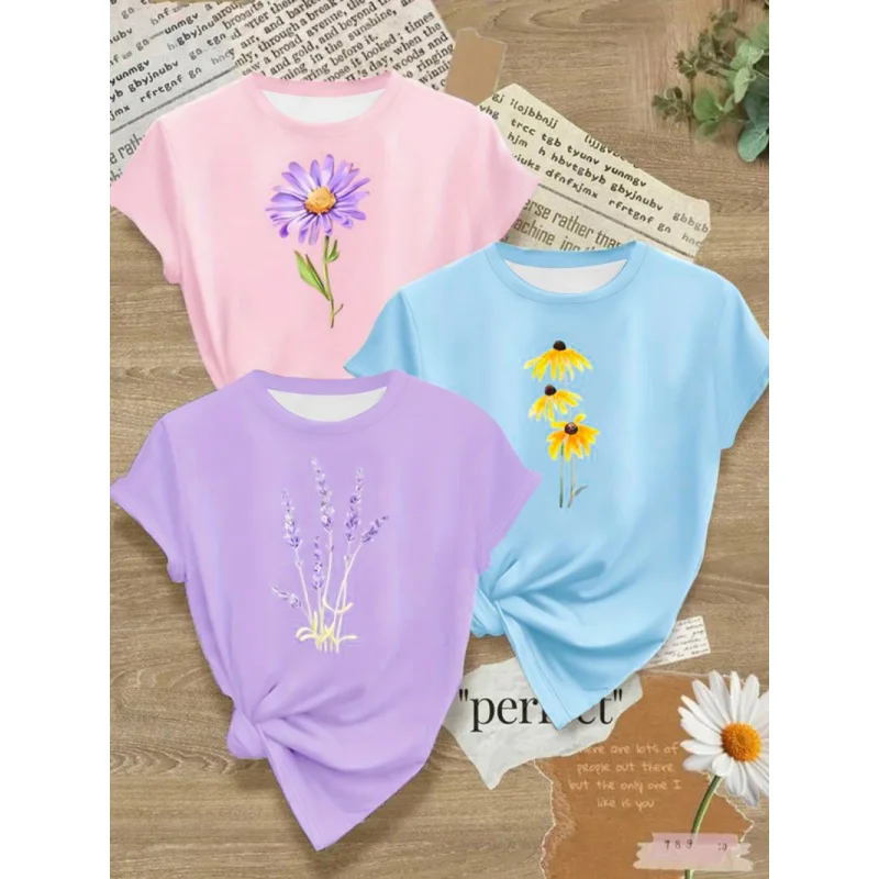 

Summer Women's Clothing European and American Style Casual Printed Ladies' Round Neck Plus Size Short SleeveTWomen's T-shirt3Set