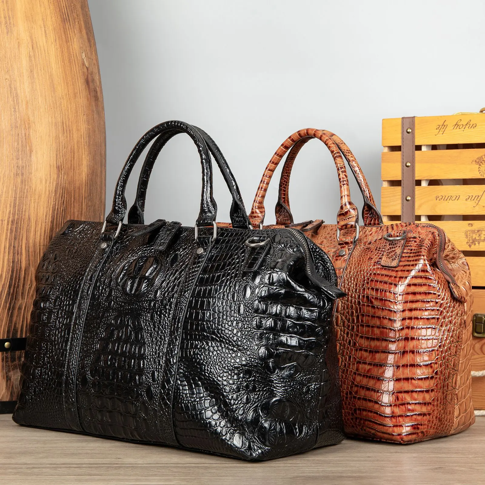 Men's Premium Top-Grain Cowhide Duffel, Luxury Crocodile Embossed Leather Travel Tote & Gym Handbag, Vintage Business Weekende