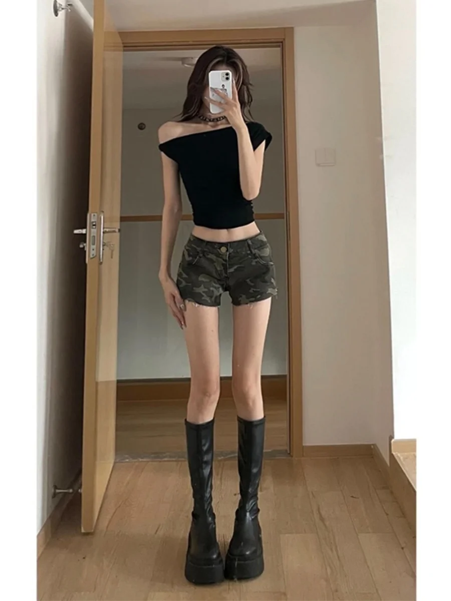 

Low Waist Slim Fit Camouflage Denim Super Shorts Women's Sexy American Hot Girl Retro Frayed Pants Sexy Butt Covering Hot Pants