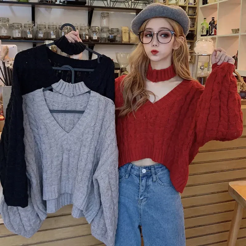 Neploe Winter Twisted Pullover Sweaters Female Knit Long Sleeve V Neck Crop Sweater Tops Korean Y2K Halter Jumper Pull Femme