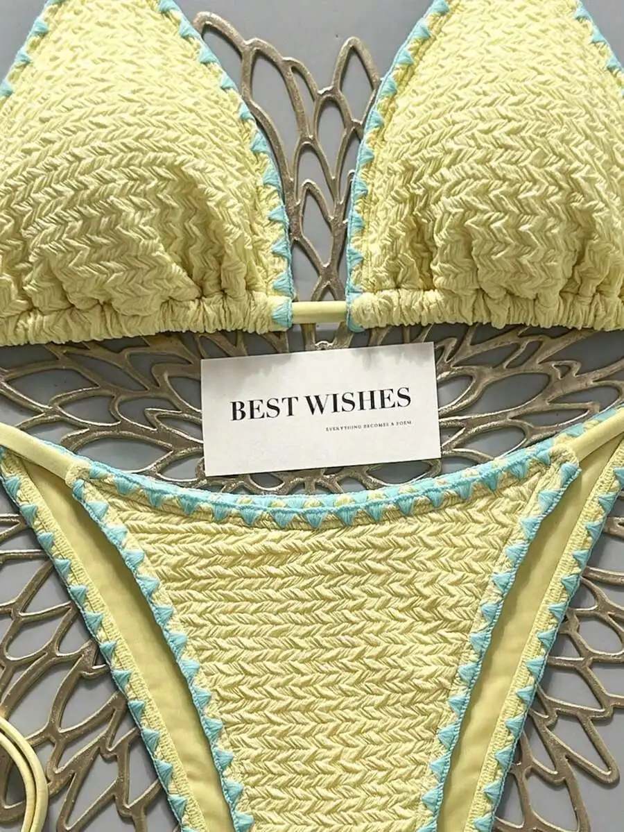 

Women's Summer Beach Contrast Color Halter Tie Sexy Bikini And Triangle Panty Swimsuit Set Blue Bikini Yacht Party Outfit Vacation Bikini Boat Party Outfit Women Tie Side Bikini Triangle Bikini Set Light Blue Bikini