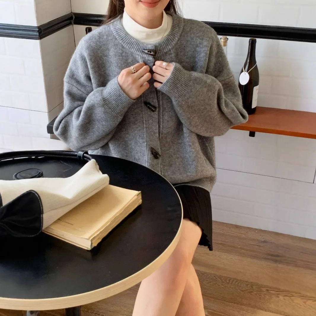 Autumn Winter New Loose Knitted Cardigan Jacket Women Cow Horn Button Sweater Cardigan Loose Vintage Solid Versatile Coat