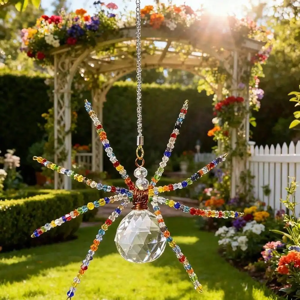 Crystal Spider Suncatcher Ornament Multicolor Beaded Spider Window Hanging Prism Pendant Rainbow Catcher Home Garden Decor