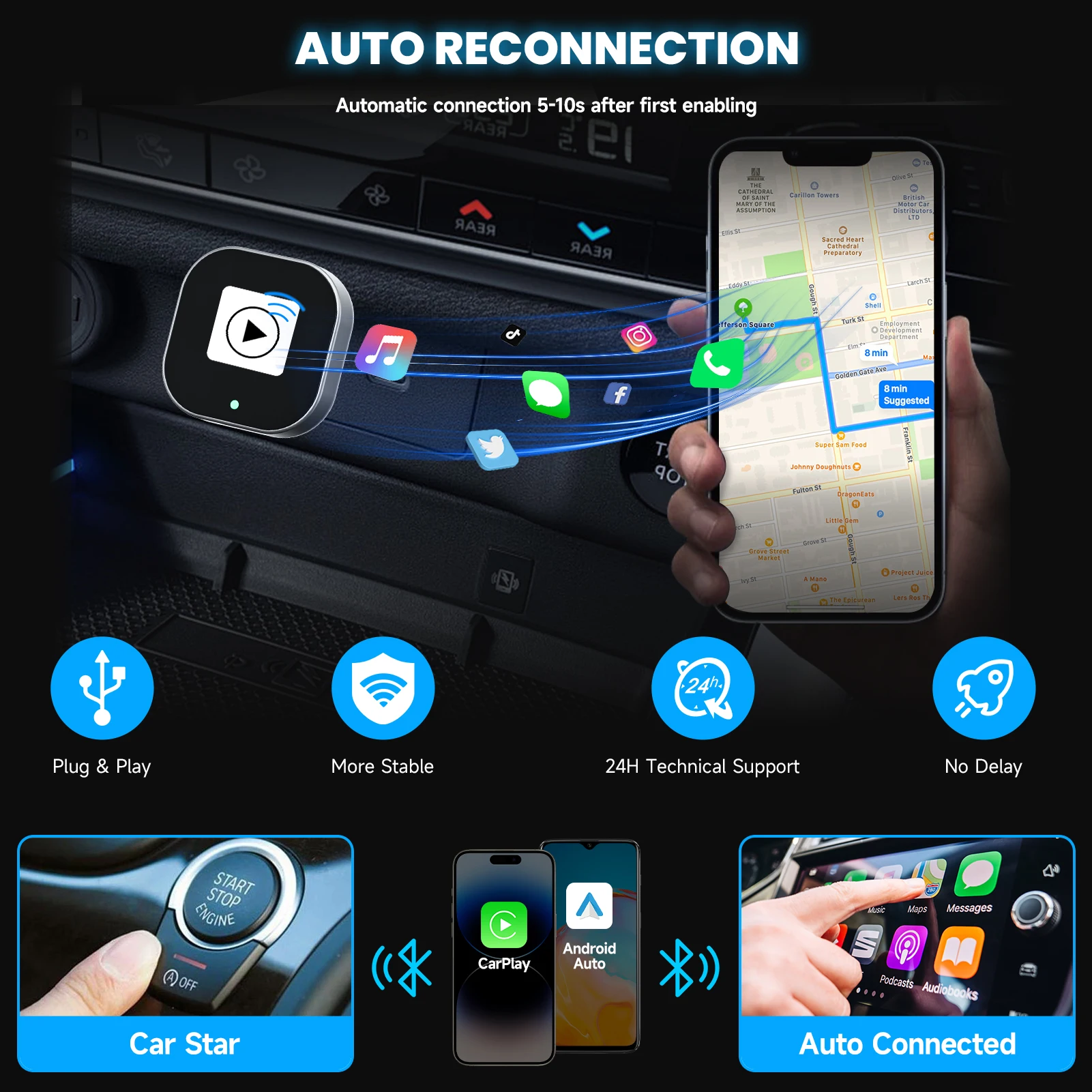 Adapter 2 w 1 przewodowy na bezprzewodowy CarPlay Plug & Plug Auto Connect Konwertuje do przewodowych samochodów Kompatybilny z CarPlay i telefonem z systemem Android AUTO — zdjęcie 6