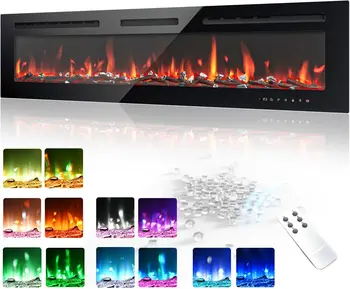 60 Inch Recessed Wall Mount Electric Fireplace with Adjustable Flame Colors, Remote Control, Timer & 750/1500W Heating