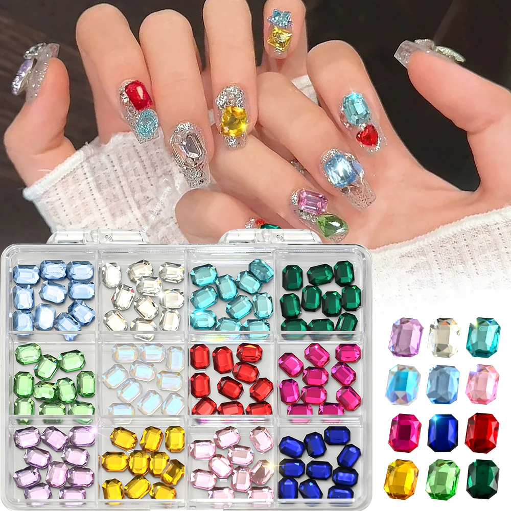 120Pcs 3D Colorful Rectangle Nail Art Rhinestones Sparkle Glass Diamond Nail Charms DIY Crafts Clothes Shoes Manicure Accessorie