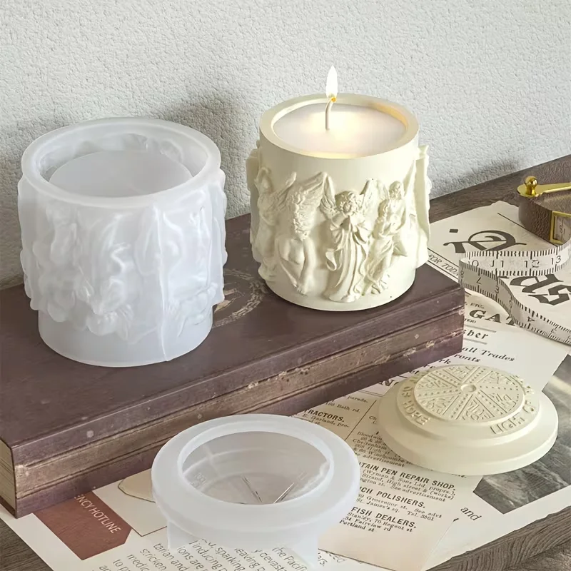 DIY Round Angel Statue Epoxy Resin Mold – Silicone Mold with Lid for Aromatherapy Candle Jars or Home Storage Containers