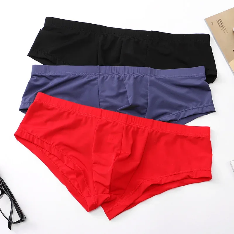 Summer Cool Men\'s Ice Silk Bottom Panties Youth Low Waist Ice Silk Small Boxer Shorts Solid Color Sexy U Convex Pouch Underwear