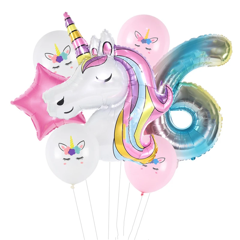 Juego de globos unicornio de 32 pulgadas de lámina digital Globo de helio fiesta de cumpleaños de la niña vajilla decorada bola de ducha de bebé