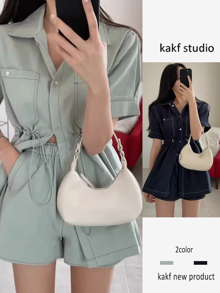 

Fashionable Casual High Waist Short Sleeve Women's Set Summer Style Mid-Length Shirt And Wide Leg Shorts Two-Piece Set