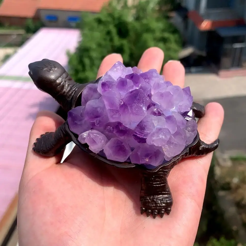 

Natural Purple Crystal Cluster Turtle Home Decoration Fengshui Lucky Amulet Ore Rock Quartz Amethyst Animal Decor