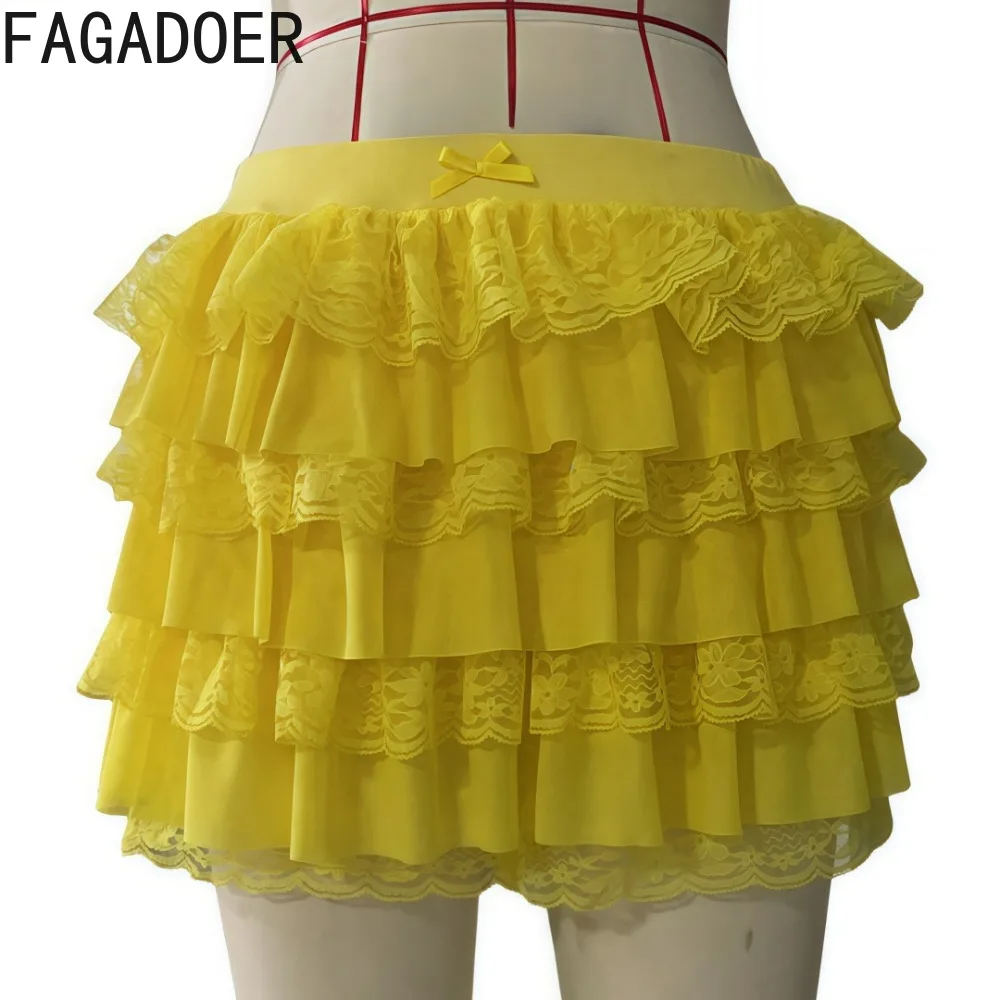 FAGADOER Y2k Sexy Lace Ruffled Mesh Hot Shorts For Women Solid Bow Pleated Shorts Female Streetwear Bottoms Spring Summer New