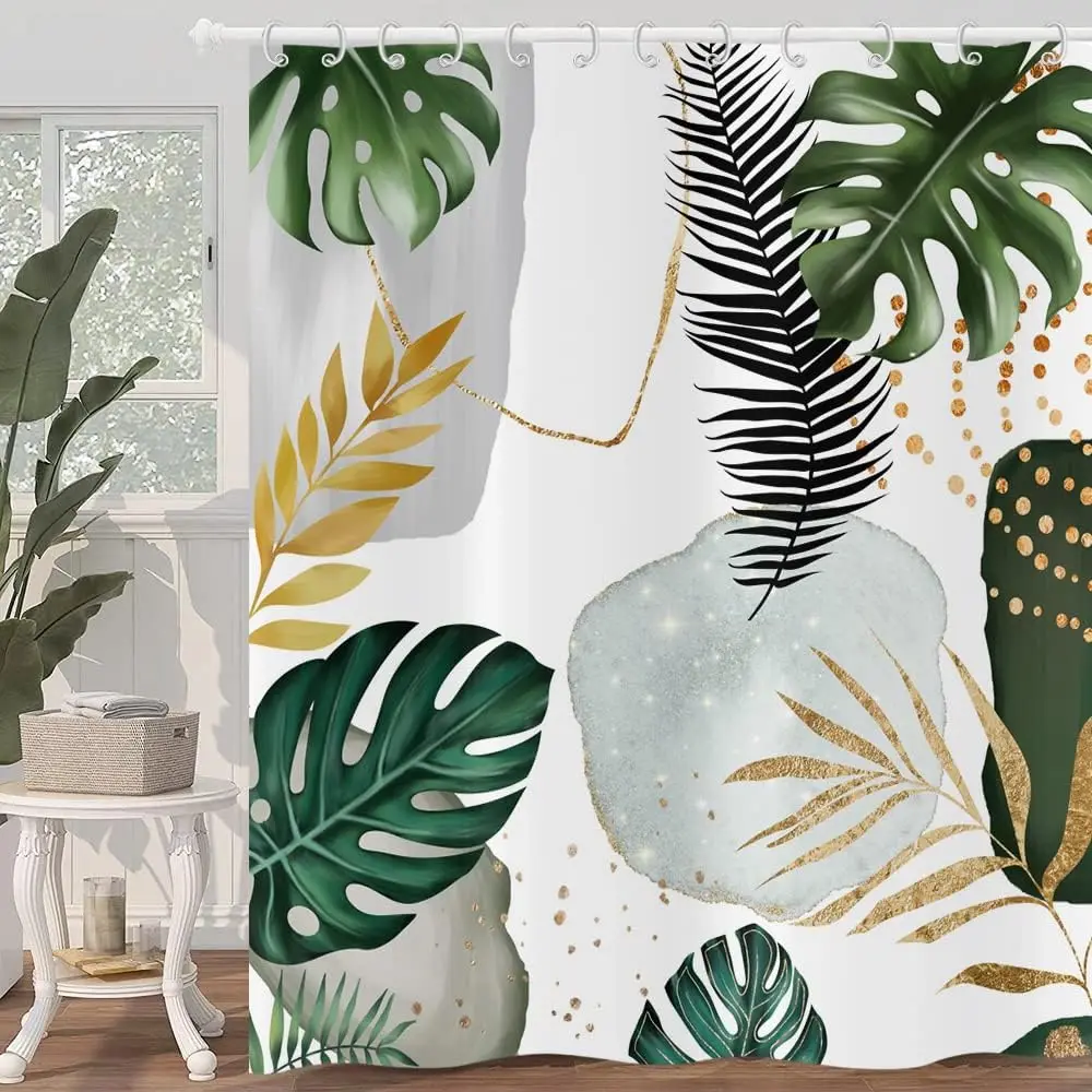 Waterproof Tropical Botanical Shower Curtain Gold Leaf Design Modern Jungle Bathroom Decor Luxury Shower Curtain Panel