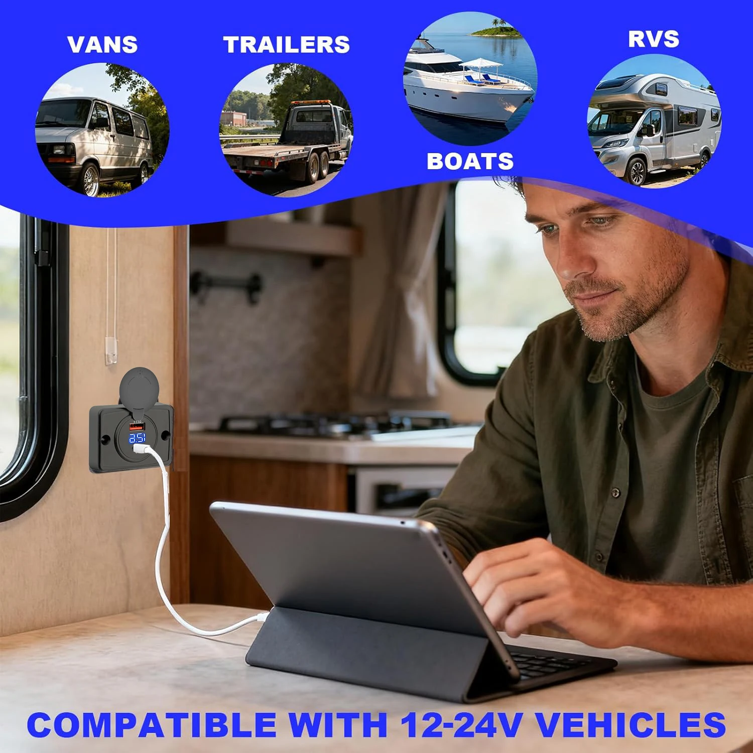 2Ports PD QC 3.0 USB Car Charger with Sliding Cap Fast Charging Socket Power Outlet Adapter Waterproof for 12V/24V Car Boat
