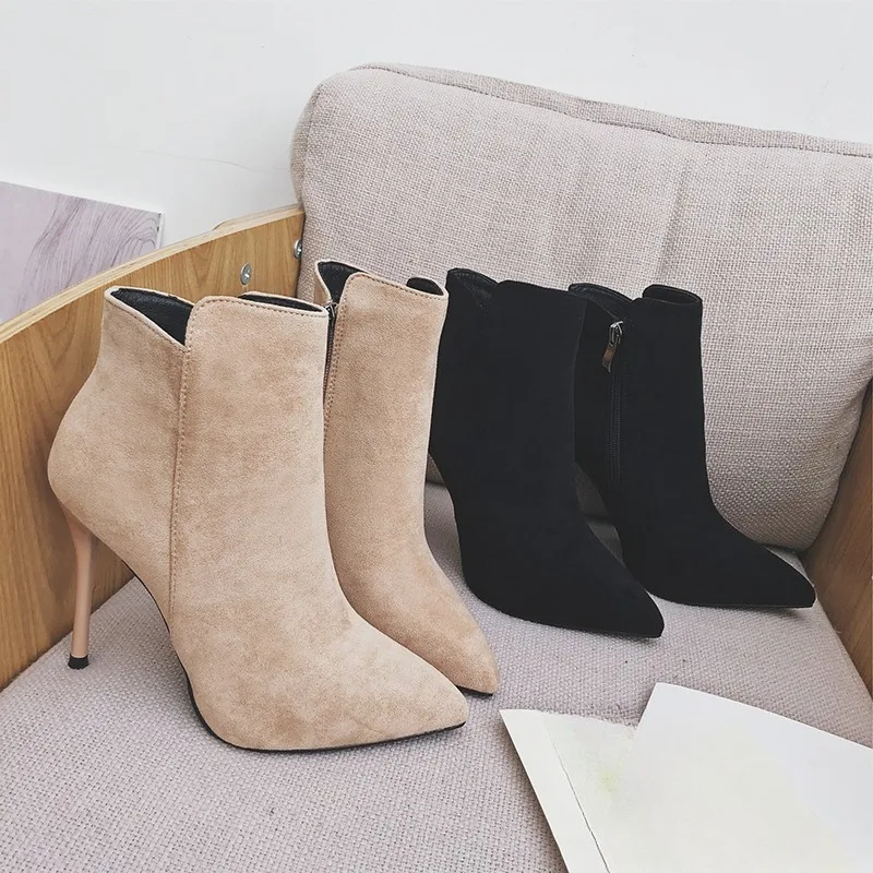 

High Heel Fashion Boots Women's Autumn and Winter New Pointed Toe Suede Short Tube Skinny Heel Skinny Boots