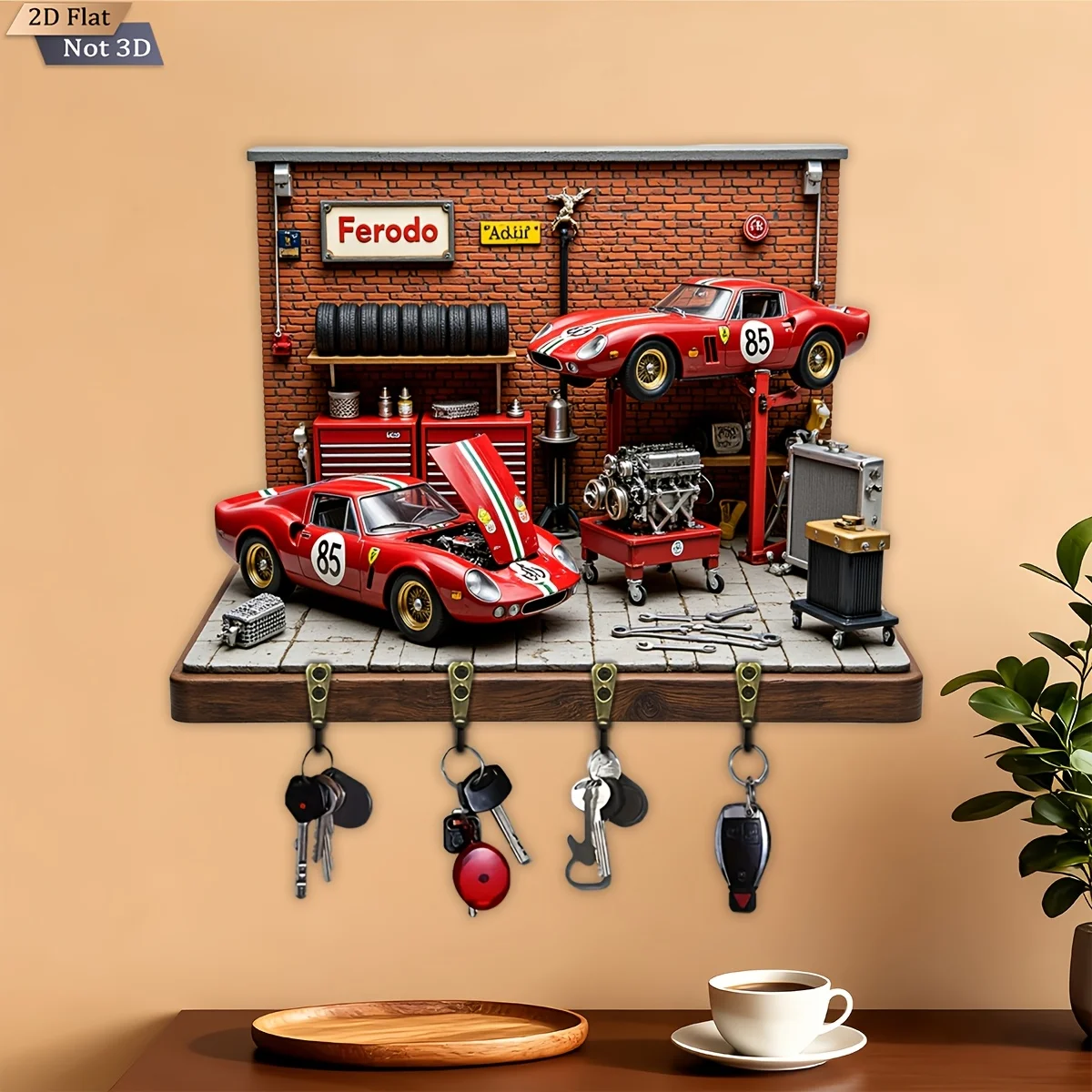 2D Flat, 1pc, Classic Racing Theme Style Key Hook, Wooden Multifunctional Home Key Rack, with Four Metal Hooks, Wall