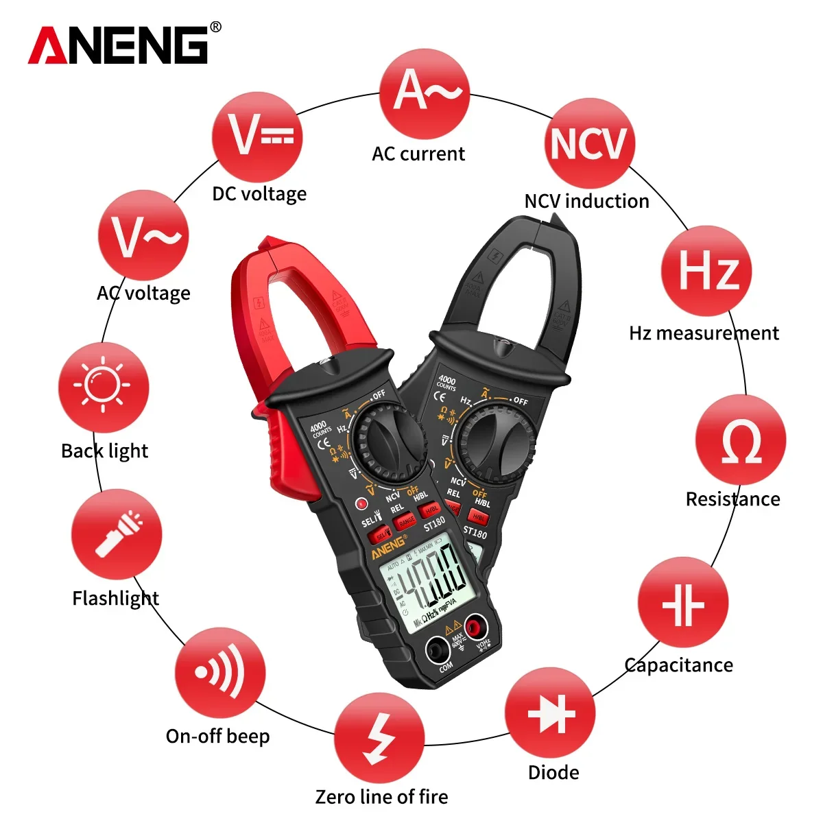 Imagem -02 - Aneng-digital Clamp Meter ac Multímetro Atual Amperímetro Tester Tensão Amp Carro hz Capacitância Ncv Ohm Tool St180 4000 Contagens