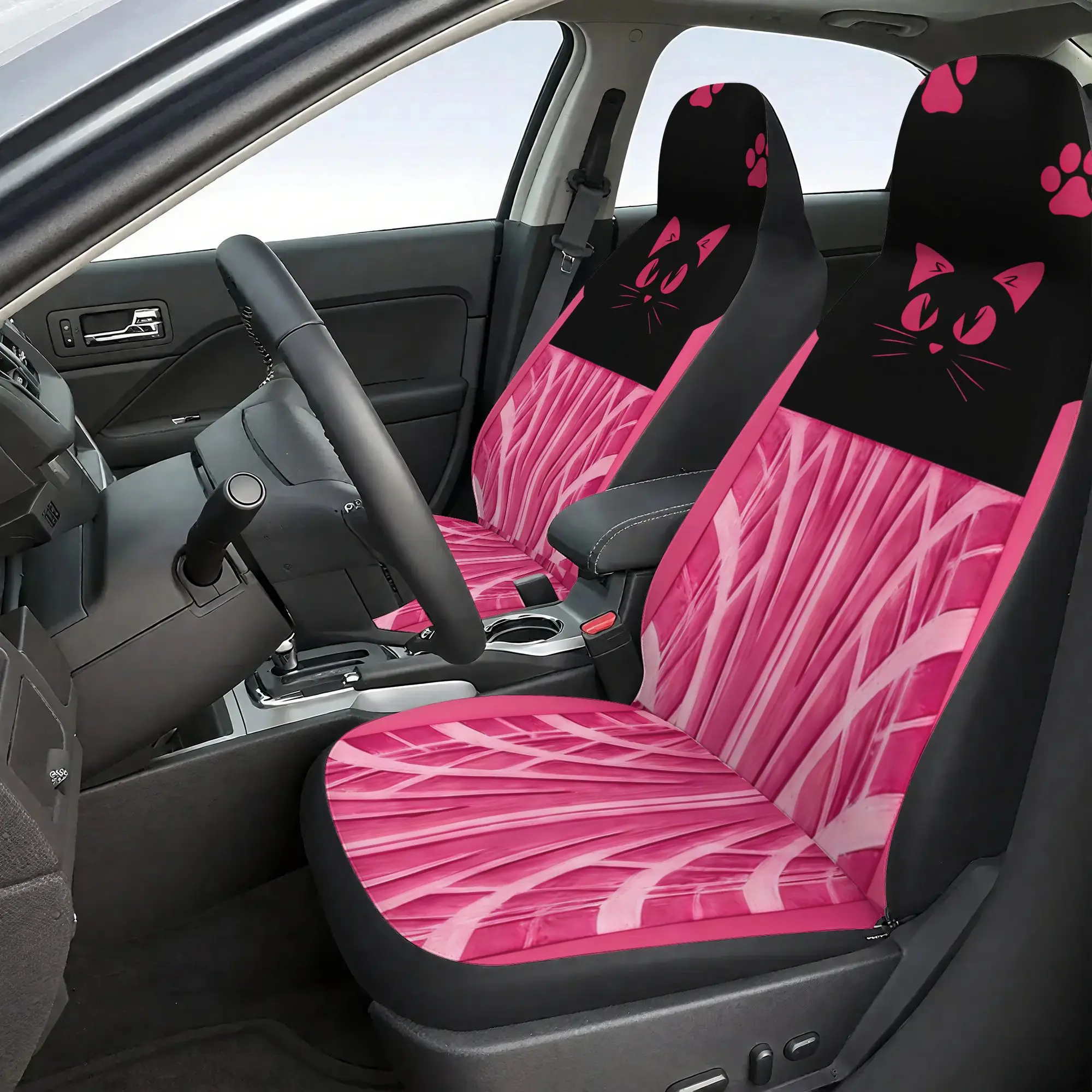 Rose Red Cat Scratch Marks Special Printed 5 Seater Car Cushions, Includes 2 Front Seats, 3 Headrest Covers & 1 Cushion Backrest