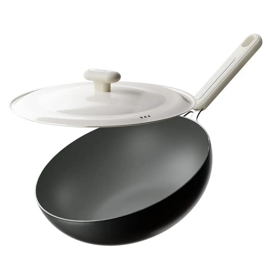 

Стальная сковорода вок, 11,8 дюйма, предварительно сезонная китайская сковорода вок с плоским дном и крышкой, легкая кухонная посуда для всех стран