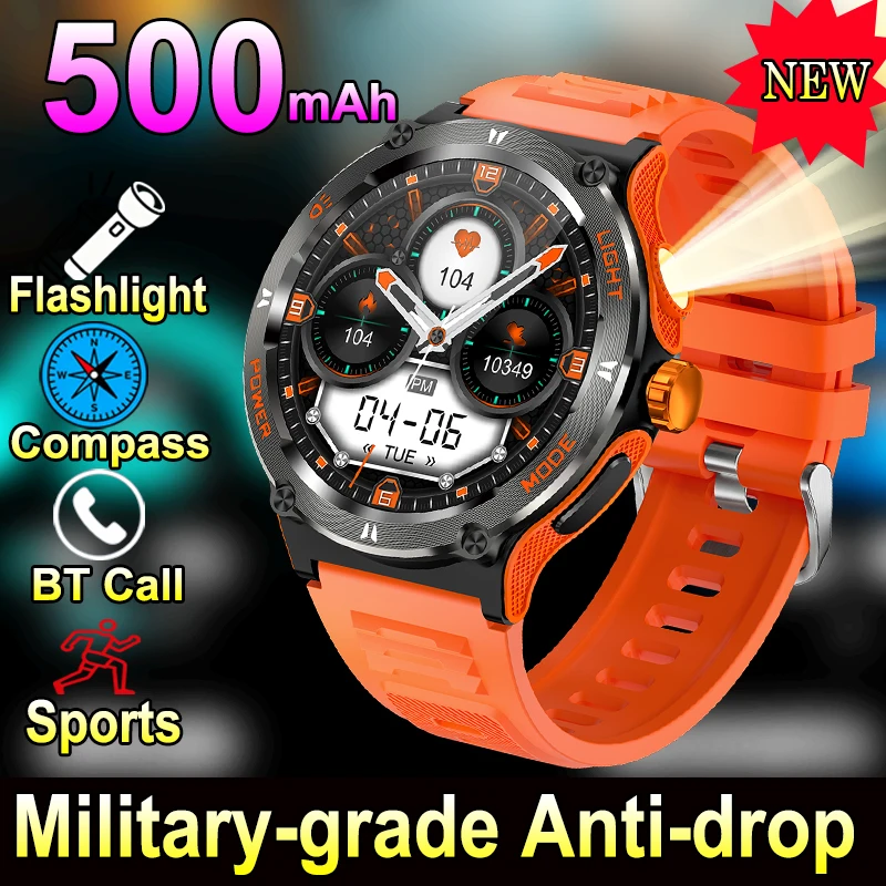 

Men Women Outdoor Sports Smart Watch Compass 3ATM Waterproof Watches 500mAh Strong Flashlight BT Call Health Tracker Smartwatch
