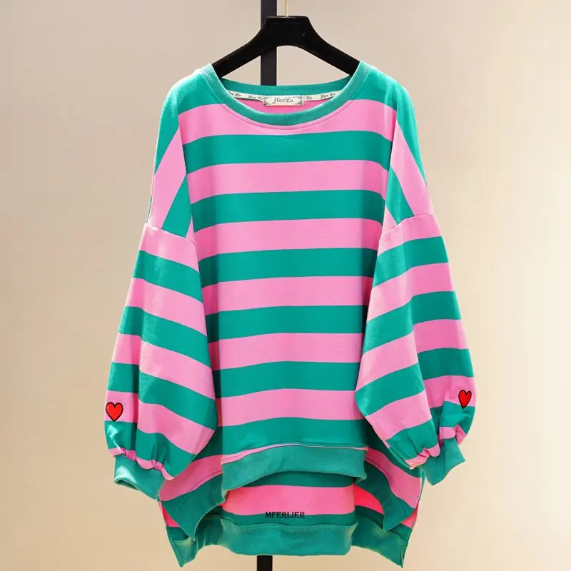 Plus Size 6XL 110kg Spring Sweatshirts Long Sleeve Striped Loose Large Hearted Pullover Shirts Tops Sweet sweatshir