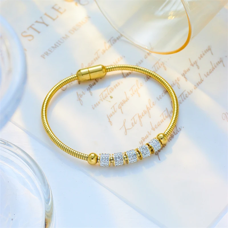 DIEYURO 316L Stainless Steel Gold Color Rhinestone Beaded Bracelet For Women Fashion Ladies Magnet Clasp Bangles Jewelry Gifts