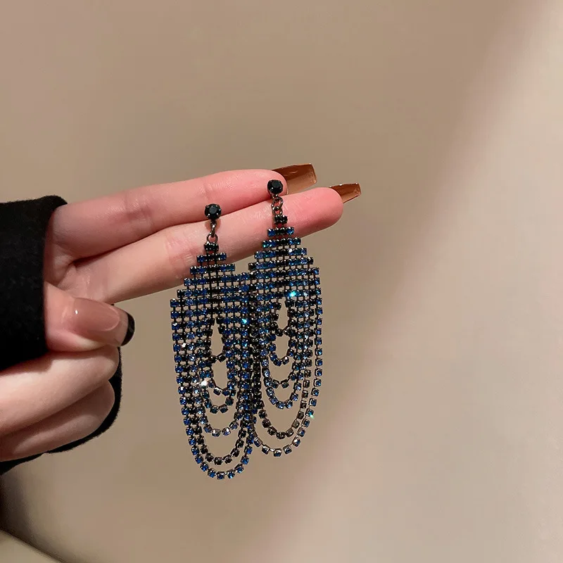 Blue Zircon Long Tassel Dangle Earrings for Women New Fashion Piercing Flower Drop Earrings Geometry Hanging Luxury  Jewelry