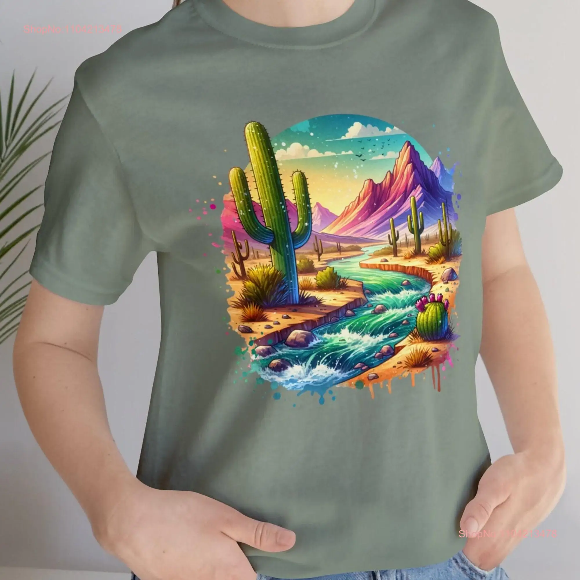 Beautiful water color desert print Jersey  T Shirt Watercolor Cactus and rapids design Sedona long or short sleeves