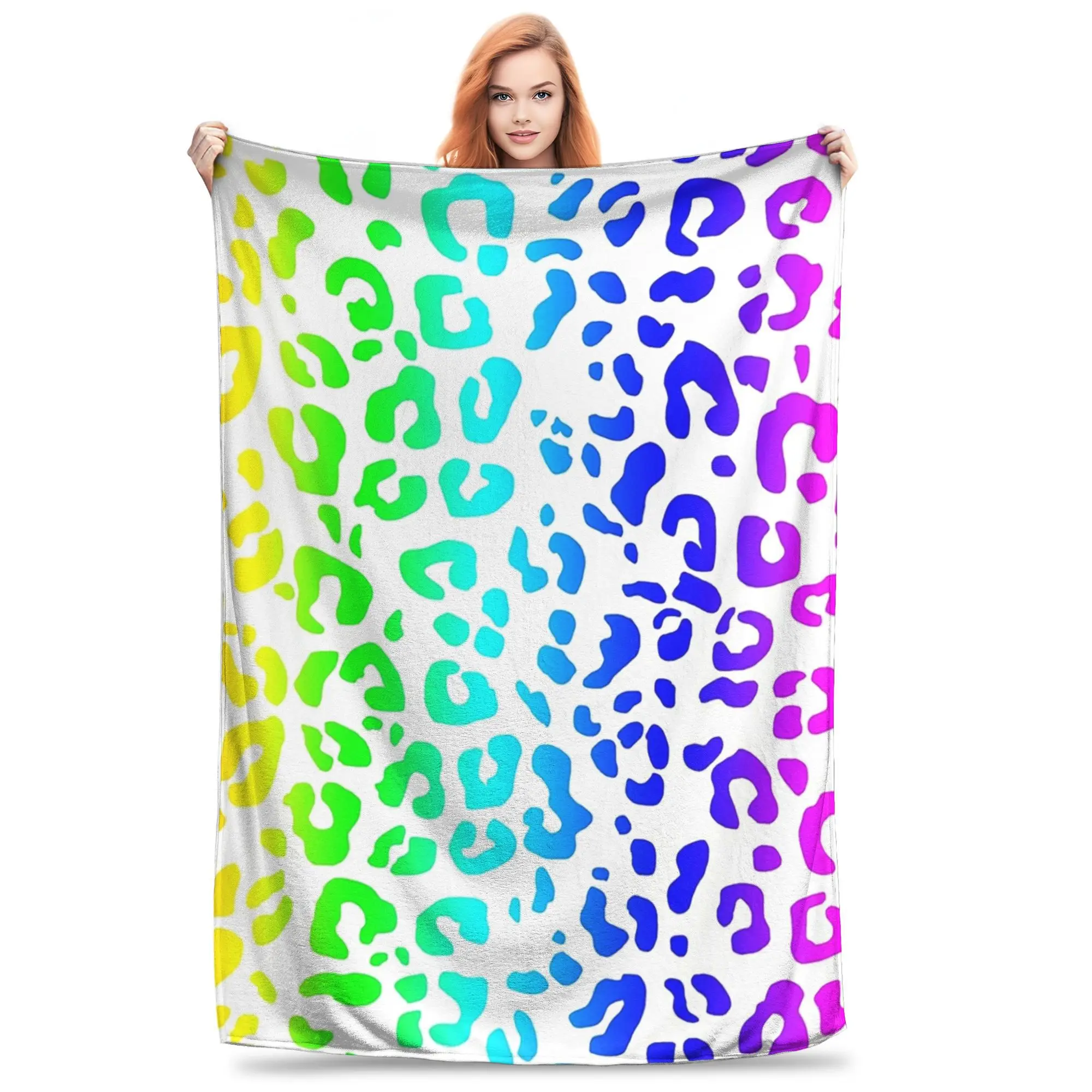 Rainbow and White Spots Leopard Print Blanket Soft Warm Flannel Throw Blanket Bedding for Bed Living room Picnic Travel Home