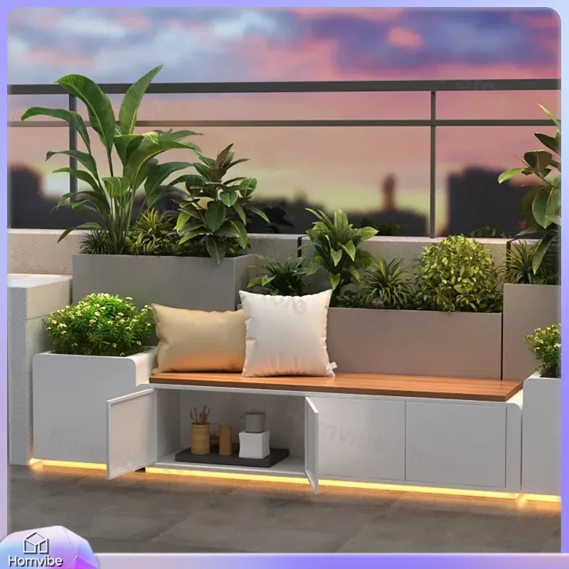 Stainless Steel Outdoor Flower Box Bench Luminous Planter Seat Terrace Balcony Courtyard Street Garden Furniture Raised Bed