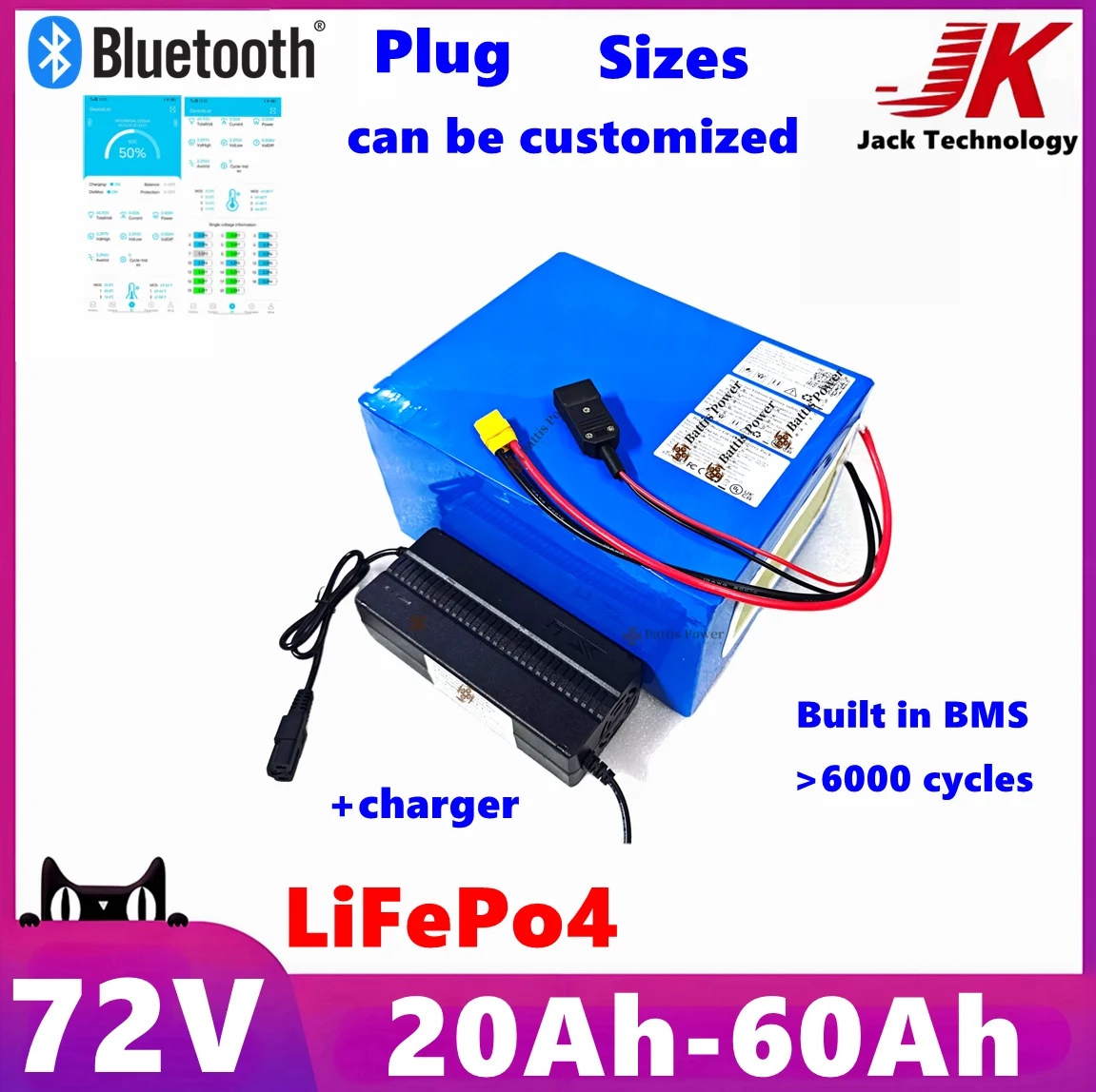 JK LiFePO4 72V 20Ah 30Ah 40Ah 50Ah 60Ah rechargeable lithium battery for 1kW 2kW 3kW electric motorcycle, tricycle EVForklift