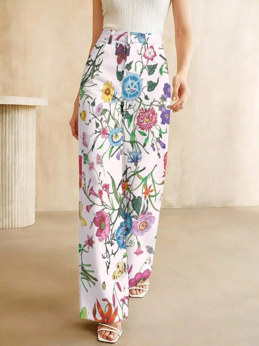 

Womens High-Waist Floral Print Straight Leg Casual Trousers Spring Summer