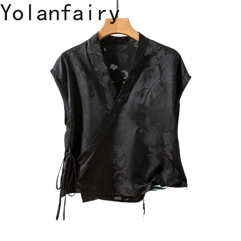 

YOLANFAIRY 100% Real Mulberry Silk Blouses for Women Elegant Summer Shirt Jacquard Silk Tops Short Sleeve Woman Lace-up Cardigan
