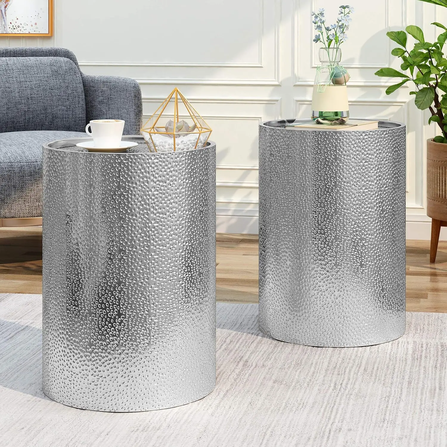 Kaylee Modern Round Hammered Iron Accent Table (2 Pack) -Silver 16 in X 16 in X 22.25 in No Assembly Required