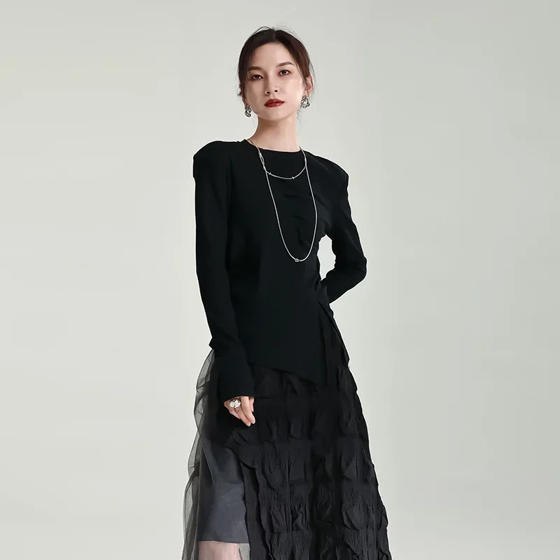 UMI MAO Yamamoto Design Black Gray Collision Heavy Splicing Mesh Pleated A Word Autumn Winter Female Sweet Spicy Style Skirt