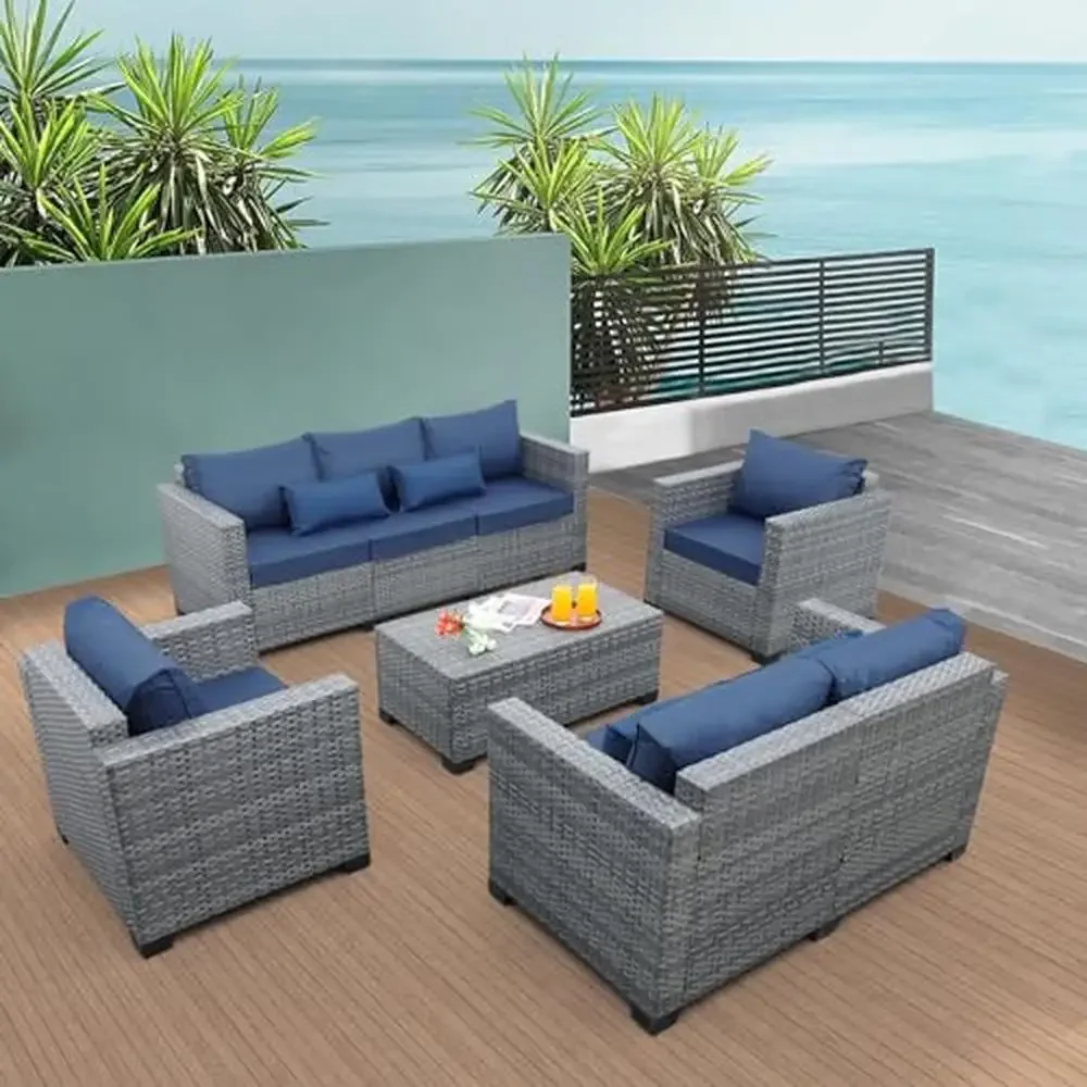 Outdoor 5-Piece Wicker Patio Furniture Set PE Rattan Sectional Sofa Couch with Storage Table Non-Slip Cushions and Bonus Gifts