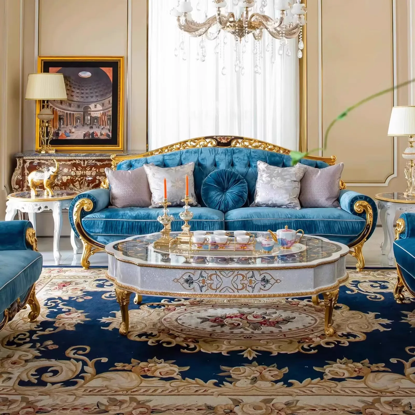 프랑스 럭셔리 쉘 파케 소파 커피 테이블 조합 유럽 패브릭 단단한 나무 조각 꽃 모래