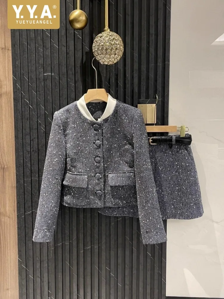 

Осенне-весенний бейсбольный воротник в стиле пэчворк, женские комплекты курток выше колена, мини-юбка, элегантное женское праздничное пальто, комплект из двух предметов