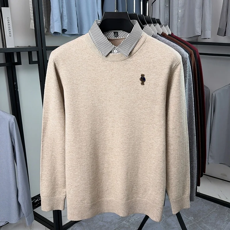 Exquisiter Herbst-Strickpullover mit Stickerei, O-Ausschnitt, Farbblock-Design, Zweiteiler-Optik, Hemdkragen, Langarm-Oberteil, Vielseitige Herrenbekleidung – Detail 7