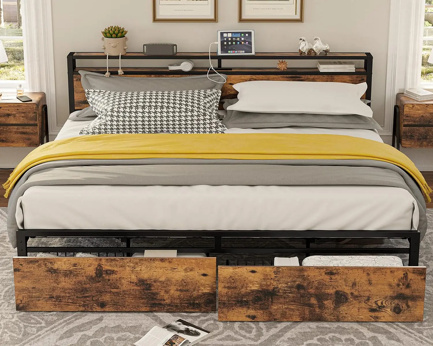 King Bed Frame with Storage Headboard, Platform Bed with Drawers and Charging Station, No Box Spring Needed, Easy Assembly