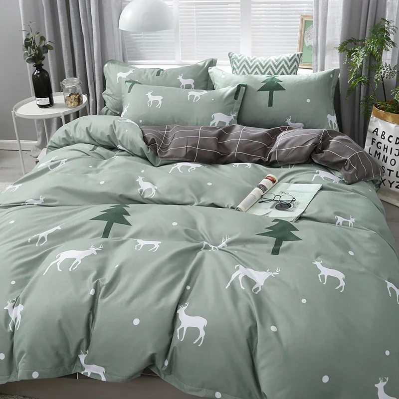 

150/180/200/220CM White Deer Print Green Polyester Bed Sheet Duvet Cover Pillowcase Four-piece Spring Autumn Bedding Set M041-2